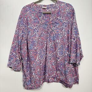Talbots Cotton Paisley Printed Popover Top Sz 3X Pink Blue Beachy Summer Modest